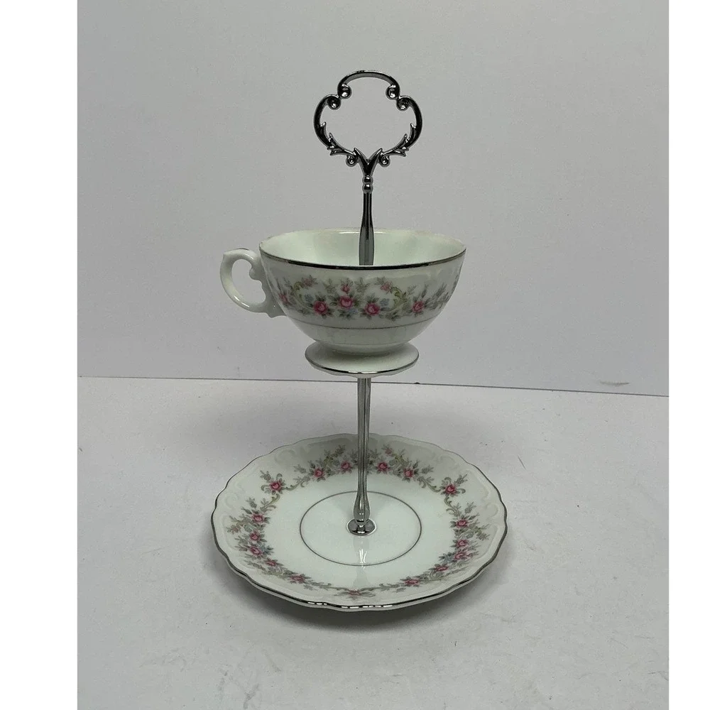 Tiered Stand Unisex OS White Floral Silver Rim 2-Tier Teacup Saucer Upcycle‎
